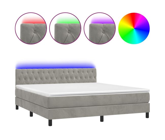 Cama box spring colchón y led terciopelo gris claro 180x200 cm diseño de botones