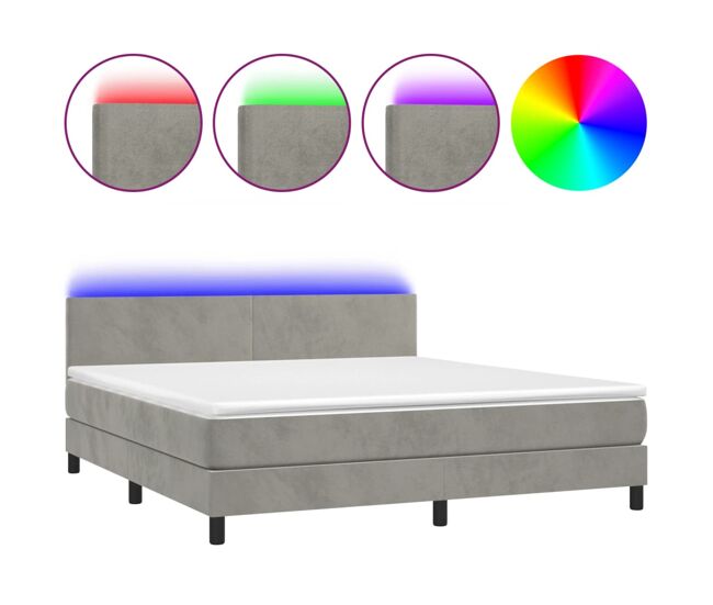 Cama box spring colchón y led terciopelo gris claro 160x200 cm diseño plano