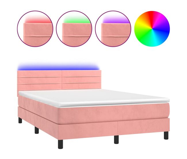 Cama box spring colchón y led terciopelo rosa 140x190 cm rayas horizontales