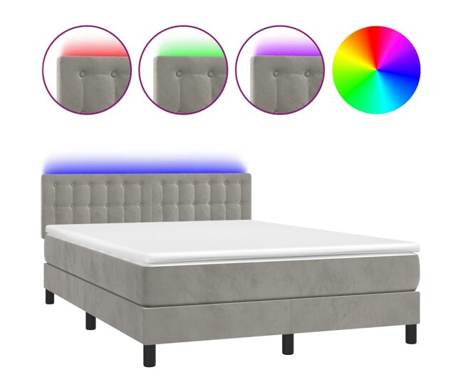 Cama box spring colchón y led terciopelo gris claro 140x190 cm botones