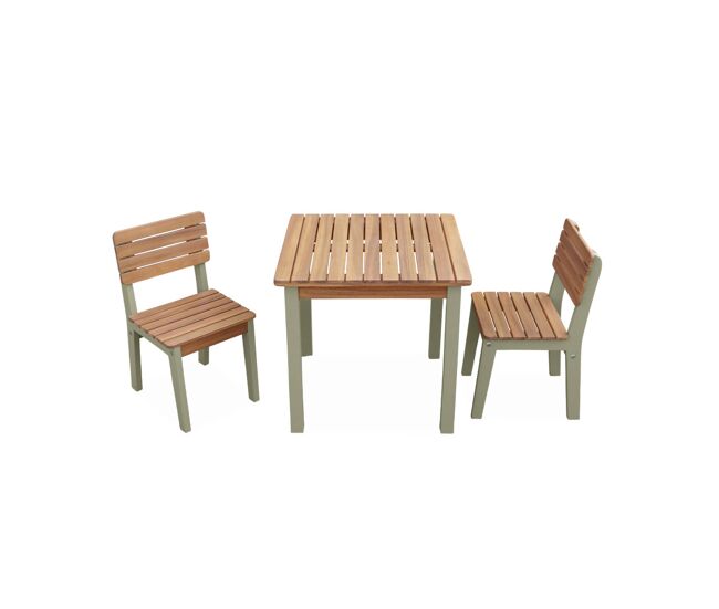 Mesa infantil de madera interior/exterior con 2 sillas, caroline, verde grisáceo, 50x50x50 cm