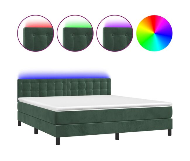 Cama box spring colchón y led terciopelo verde oscuro 160x200cm botones