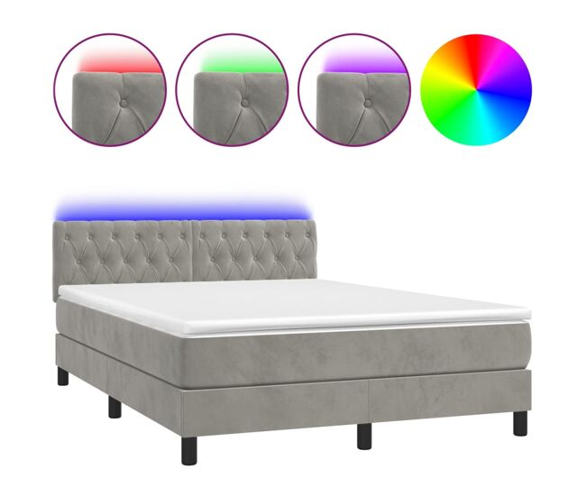 Cama box spring colchón y led terciopelo gris claro 140x190 cm diseño de botones