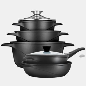 Briebe MGK1819 Trem de Cozinha Indução 10 Peças, Alumínio Fundido Antiaderente, 3 Panelas + 2 Frigideira con Tampas, , Preto