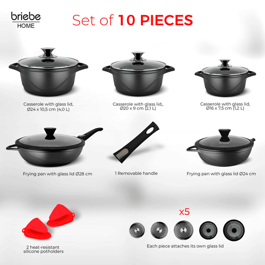 Briebe MGK1819 Trem de Cozinha Indução 10 Peças, Alumínio Fundido Antiaderente, 3 Panelas + 2 Frigideira con Tampas, , Preto Briebe MGK1819 Trem de Cozinha Indução 10 Peças, Alumínio Fundido Antiaderente, 3 Panelas + 2 Frigideira con Tampas, , Preto