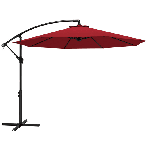 Outsunny Chapéu de Sol Excêntrico Ø 295 cm - Guarda-Sol de Jardim com Ângulo Ajustável em 3 Posições, Base Cruzada e Manivela, Tecido de Poliéster 180 gm² para Terraço ou Pátio - Cor Granate