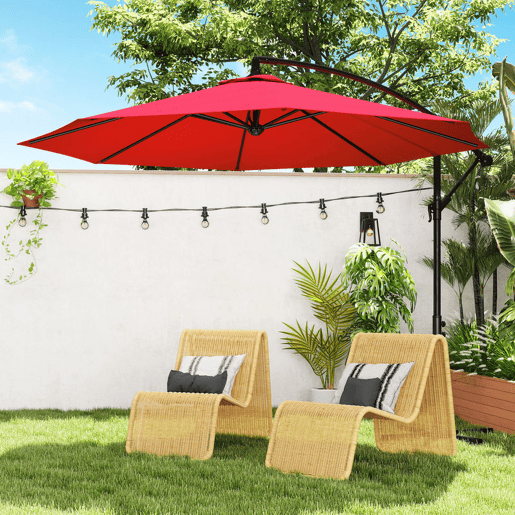 Outsunny Chapéu de Sol Excêntrico Ø 295 cm - Guarda-Sol de Jardim com Ângulo Ajustável em 3 Posições, Base Cruzada e Manivela, Tecido de Poliéster 180 gm² para Terraço ou Pátio - Cor Granate