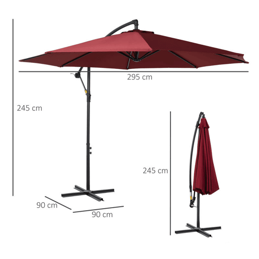 Outsunny Chapéu de Sol Excêntrico Ø 295 cm - Guarda-Sol de Jardim com Ângulo Ajustável em 3 Posições, Base Cruzada e Manivela, Tecido de Poliéster 180 gm² para Terraço ou Pátio - Cor Granate