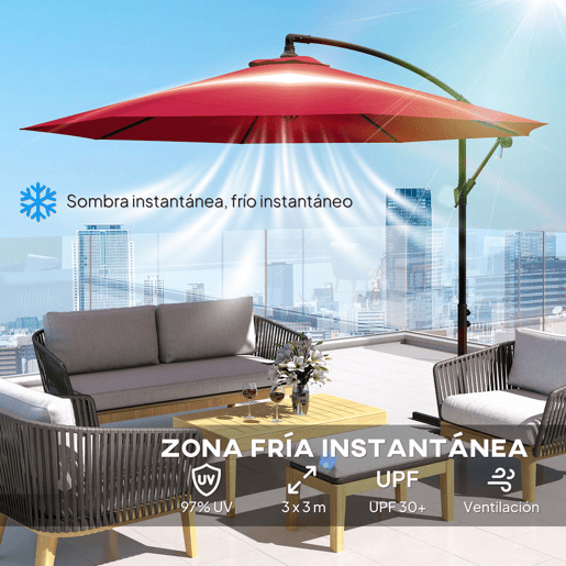 Outsunny Chapéu de Sol Excêntrico Ø 295 cm - Guarda-Sol de Jardim com Ângulo Ajustável em 3 Posições, Base Cruzada e Manivela, Tecido de Poliéster 180 gm² para Terraço ou Pátio - Cor Granate