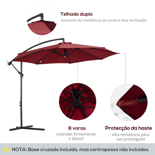 Outsunny Chapéu de Sol Excêntrico Ø 295 cm - Guarda-Sol de Jardim com Ângulo Ajustável em 3 Posições, Base Cruzada e Manivela, Tecido de Poliéster 180 gm² para Terraço ou Pátio - Cor Granate
