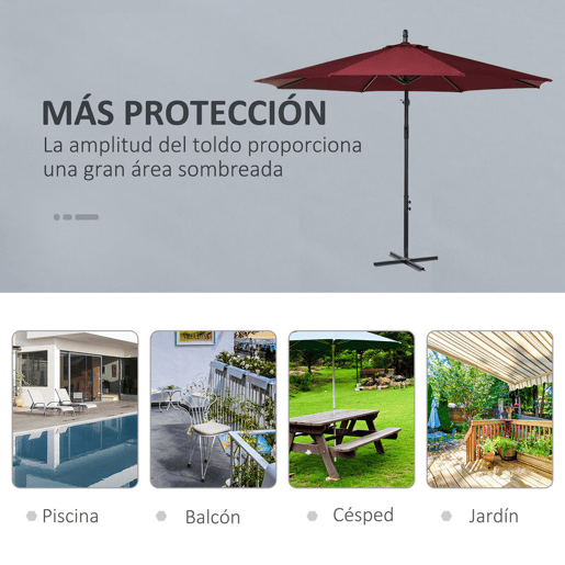 Outsunny Chapéu de Sol Excêntrico Ø 295 cm - Guarda-Sol de Jardim com Ângulo Ajustável em 3 Posições, Base Cruzada e Manivela, Tecido de Poliéster 180 gm² para Terraço ou Pátio - Cor Granate