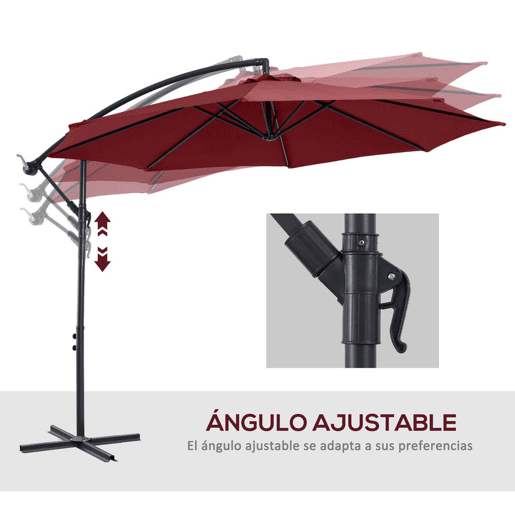 Outsunny Chapéu de Sol Excêntrico Ø 295 cm - Guarda-Sol de Jardim com Ângulo Ajustável em 3 Posições, Base Cruzada e Manivela, Tecido de Poliéster 180 gm² para Terraço ou Pátio - Cor Granate