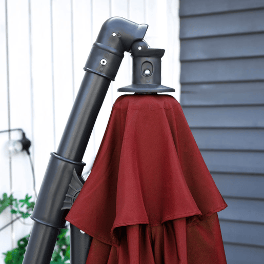Outsunny Chapéu de Sol Excêntrico Ø 295 cm - Guarda-Sol de Jardim com Ângulo Ajustável em 3 Posições, Base Cruzada e Manivela, Tecido de Poliéster 180 gm² para Terraço ou Pátio - Cor Granate