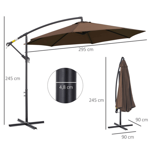 Outsunny Chapéu de Sol Excêntrico Ø 295 cm Guarda-Sol de Jardim com Ângulo Ajustável em 3 Posições Base Cruzada e Manivela Tecido de Poliéster 180 gm² Guarda-Sol para Terraço Pátio Café