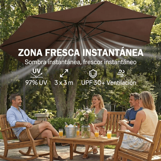 Outsunny Chapéu de Sol Excêntrico Ø 295 cm Guarda-Sol de Jardim com Ângulo Ajustável em 3 Posições Base Cruzada e Manivela Tecido de Poliéster 180 gm² Guarda-Sol para Terraço Pátio Café