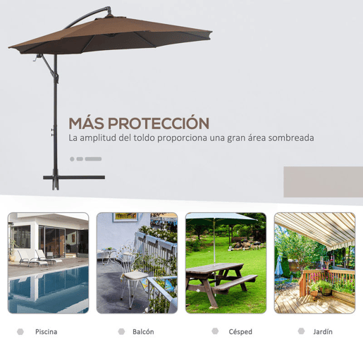 Outsunny Chapéu de Sol Excêntrico Ø 295 cm Guarda-Sol de Jardim com Ângulo Ajustável em 3 Posições Base Cruzada e Manivela Tecido de Poliéster 180 gm² Guarda-Sol para Terraço Pátio Café