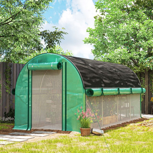 Outsunny Estufa Tipo Túnel 447x200x198 cm Estufa de Exterior com Paredes Laterais Enroláveis Cobertura Extra 8 Janelas de Malha e 2 Portas Enroláveis Estufa de Jardim Pátio Verde