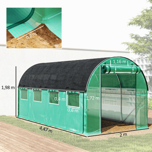Outsunny Estufa Tipo Túnel 447x200x198 cm Estufa de Exterior com Paredes Laterais Enroláveis Cobertura Extra 8 Janelas de Malha e 2 Portas Enroláveis Estufa de Jardim Pátio Verde