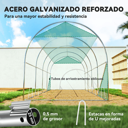 Outsunny Estufa Tipo Túnel 447x200x198 cm Estufa de Exterior com Paredes Laterais Enroláveis Cobertura Extra 8 Janelas de Malha e 2 Portas Enroláveis Estufa de Jardim Pátio Verde