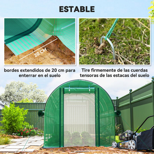 Outsunny Estufa Tipo Túnel 447x200x198 cm Estufa de Exterior com Paredes Laterais Enroláveis Cobertura Extra 8 Janelas de Malha e 2 Portas Enroláveis Estufa de Jardim Pátio Verde