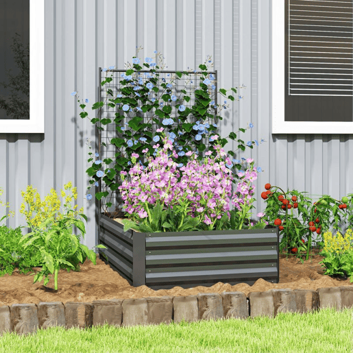 Outsunny Caixa de Plantio Grande de Exterior Caixa de Plantio de Aço Galvanizado com Treliça para Plantas Trepadeiras e Fundo Aberto para Pátio Varanda 80x115x125 cm Cinza Escuro