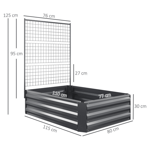 Outsunny Caixa de Plantio Grande de Exterior Caixa de Plantio de Aço Galvanizado com Treliça para Plantas Trepadeiras e Fundo Aberto para Pátio Varanda 80x115x125 cm Cinza Escuro