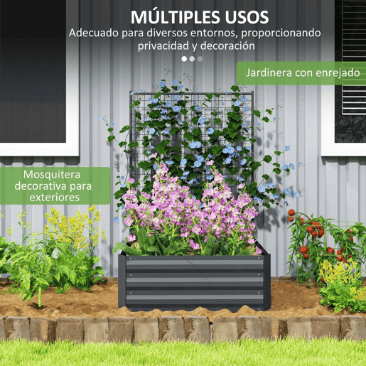Outsunny Caixa de Plantio Grande de Exterior Caixa de Plantio de Aço Galvanizado com Treliça para Plantas Trepadeiras e Fundo Aberto para Pátio Varanda 80x115x125 cm Cinza Escuro