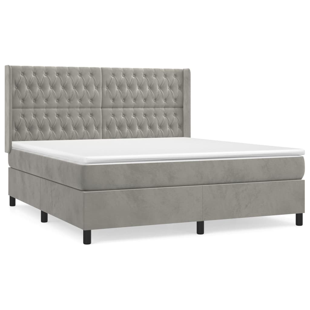 Cama box spring con colchón terciopelo gris claro 180x200 cm diseño de botones