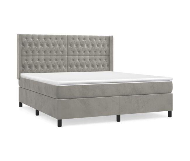 Cama box spring con colchón terciopelo gris claro 180x200 cm diseño de botones