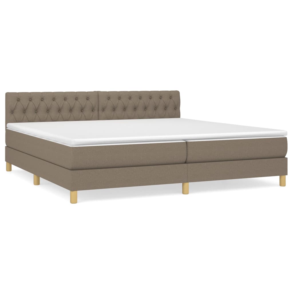 Cama box spring con colchón tela gris taupe 200x200 cm diseño de botones