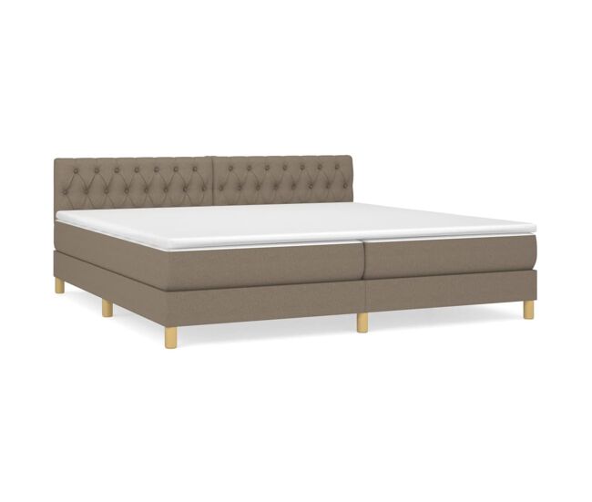 Cama box spring con colchón tela gris taupe 200x200 cm diseño de botones