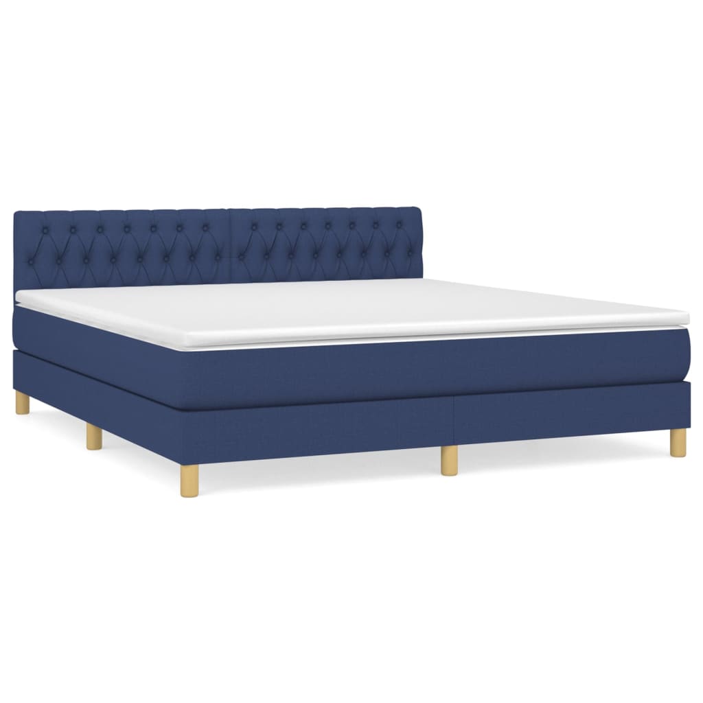 Cama box spring con colchón tela azul 180x200 cm diseño de botones