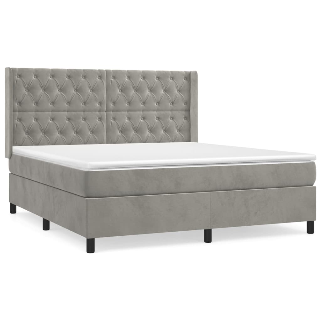 Cama box spring con colchón terciopelo gris claro 160x200 cm diseño de botones