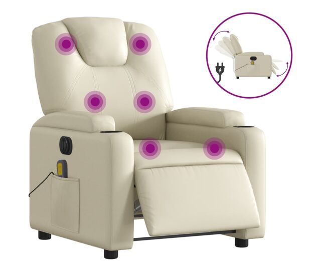 Vidaxl sillón de masaje reclinable eléctrico cuero sintético crema