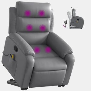 vidaXL Poltrona massagens reclinável elevatória couro artif. cinzento