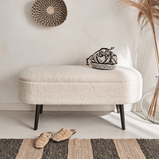 Banco, extremidade da cama com revestimento de boucle, Sherpa, Cru, 112x44x50 cm