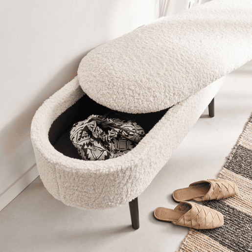 Banco, extremidade da cama com revestimento de boucle, Sherpa, Cru, 112x44x50 cm