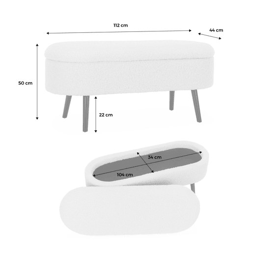 Banco, extremidade da cama com revestimento de boucle, Sherpa, Cru, 112x44x50 cm