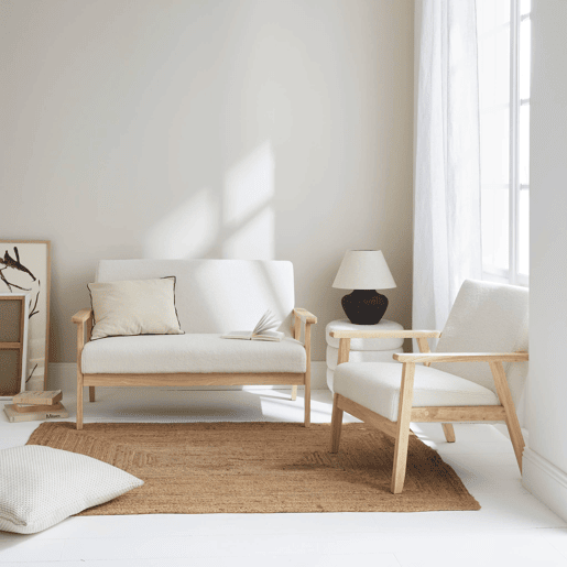 Sofá de 3 lugares + cadeirão em madeira de seringueira, boucle, Isak boucle, Boucle branco, 114x69.5x73 cm