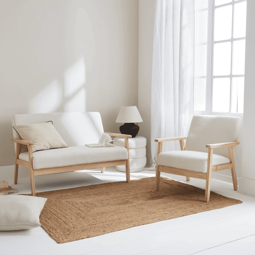 Sofá de 3 lugares + cadeirão em madeira de seringueira, boucle, Isak boucle, Boucle branco, 114x69.5x73 cm