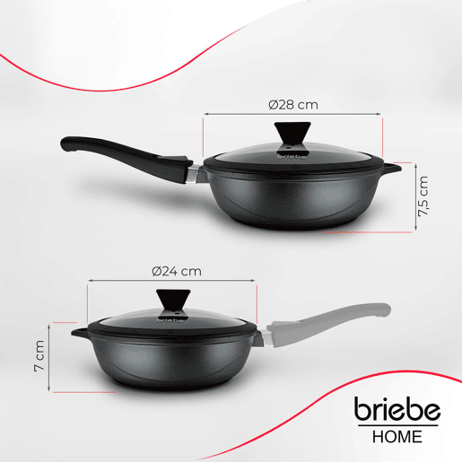 Briebe MGK19S Conjunto 2 Frigideiras Indução Antiaderentes, Cabo Removível, Profundas 2428 cm, Alumínio Fundido, , Preto