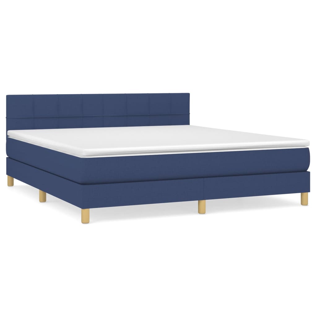 Cama box spring con colchón tela azul 160x200 cm bloques con cuadros