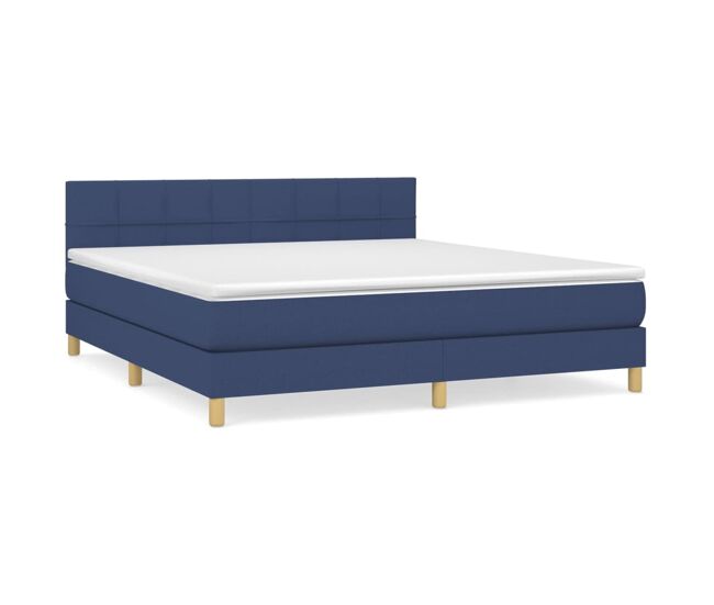Cama box spring con colchón tela azul 160x200 cm bloques con cuadros