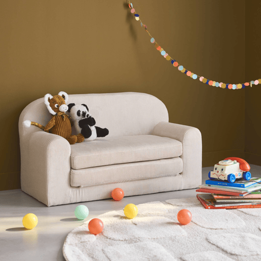 Sofá cama infantil em veludo cotelê desdobrável, Cleo, Creme, 90x43x51.5 cm