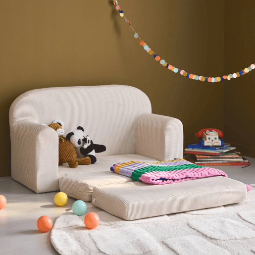 Sofá cama infantil em veludo cotelê desdobrável, Cleo, Creme, 90x43x51.5 cm