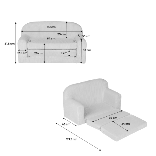 Sofá cama infantil em veludo cotelê desdobrável, Cleo, Creme, 90x43x51.5 cm