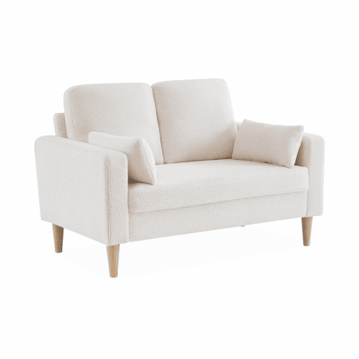 Sofá em tecido boucle, pernas de madeira de 2 lugares, Bjorn boucle, Branco, 130x79x69 cm