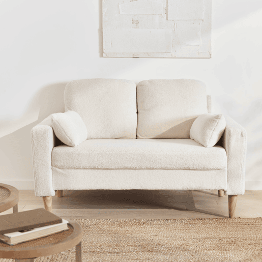 Sofá em tecido boucle, pernas de madeira de 2 lugares, Bjorn boucle, Branco, 130x79x69 cm