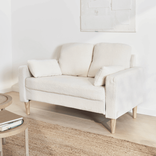 Sofá em tecido boucle, pernas de madeira de 2 lugares, Bjorn boucle, Branco, 130x79x69 cm