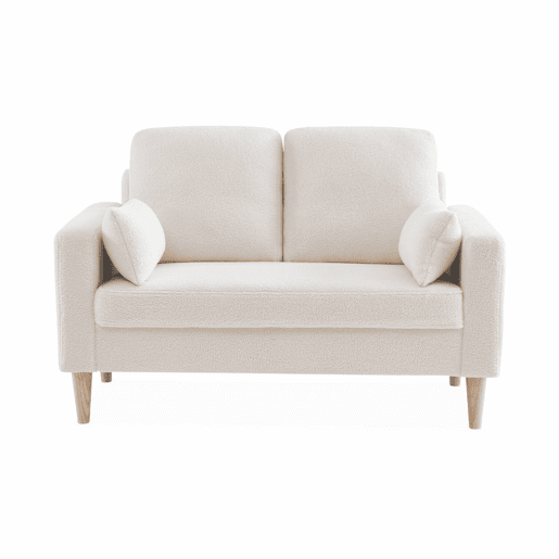 Sofá em tecido boucle, pernas de madeira de 2 lugares, Bjorn boucle, Branco, 130x79x69 cm